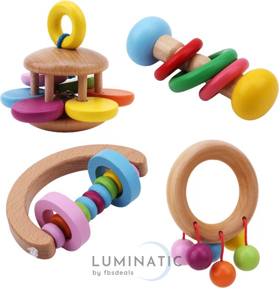 Houten Speelgoed - Bijtring - Bijtring Baby - Baby Rammelaar - Grijp & Bijtspeelgoed - Babyspeelgoed Set & Cadeau - Kraamcadeau - Houten Speelgoed Baby - Houten Bijtring & Rammelaar - Speelringen - Baby Shower | Luminatic® | 1 Set, 4 stuks van Luminatic®