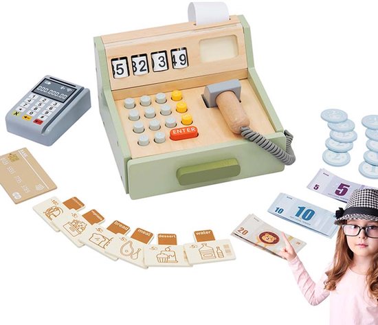 Houten speelgoed kassa voor kinderen - Met scanner voor winkel rollenspel - Houten speelgoed kassa - Voor jongens en meisjes van 3-7 jaar van Mamapapa.