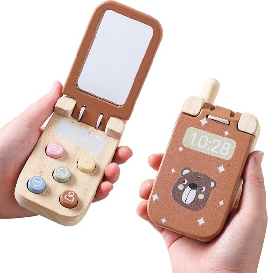 Houten speelgoedtelefoon voor baby's, een speelgoedtelefoon om mee te spelen voor peuters - met spiegel en functieknoppen, bevordert de fijne motoriek en de fantasie, veilig speelgoed van natuurlijk hout, ideaal cadeau voor kinderen van 1-3 jaar.