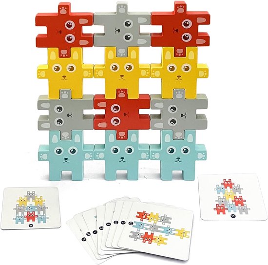 Houten Stapelblokken - Dierenblokken Educatief - Cognitieve Ontwikkeling - Kindvriendelijk Hout - 12 Blokken 20 Kaarten - Multicolor