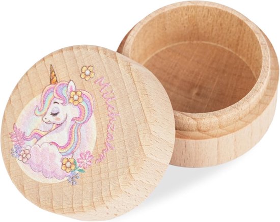 Houten Tandendoos voor Meisjes en Jongens, Persoonlijke Tandendoos voor Melktanden met Displayfunctie en Tandfee Cadeaus, Unicorn Design