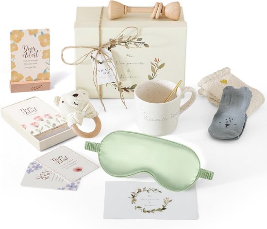 Houten Tandenrek Giftset voor Baby's - Gepersonaliseerd Kraamcadeau met Mama-Kaart, Drinkbeker, Oogmasker, en Luiertaart van Merkloos