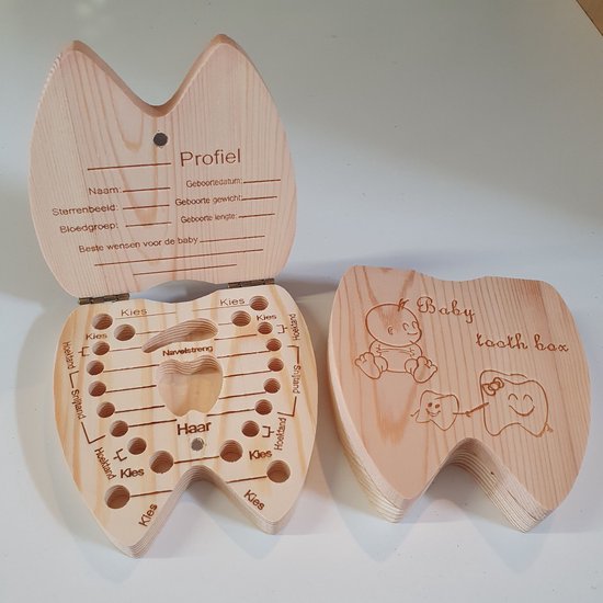 Houten Tandvormig Tandendoosje – Nederlandse Versie – Duurzaam FSC Grenenhout – 20 Genummerde Vakjes – Unisex Melktand Bewaardoos voor Jongens & Meisjes – Stevige Magneetsluiting – Persoonlijk Profiel Binnenzijde – Compact Baby Keepsake Kraamcadeau van Bébé Basics
