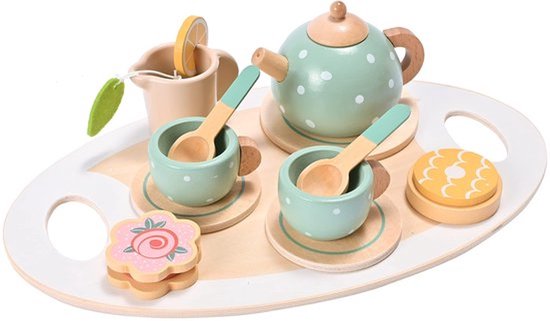 Houten theeservies voor kinderen - Houten speelkeukenaccessoires - Theeservies - Theeset voor een theefeestje - Houten speelkeuken voor kinderen - Kinderservies, rollenspelcadeau - voor meisjes en jongens - Groen