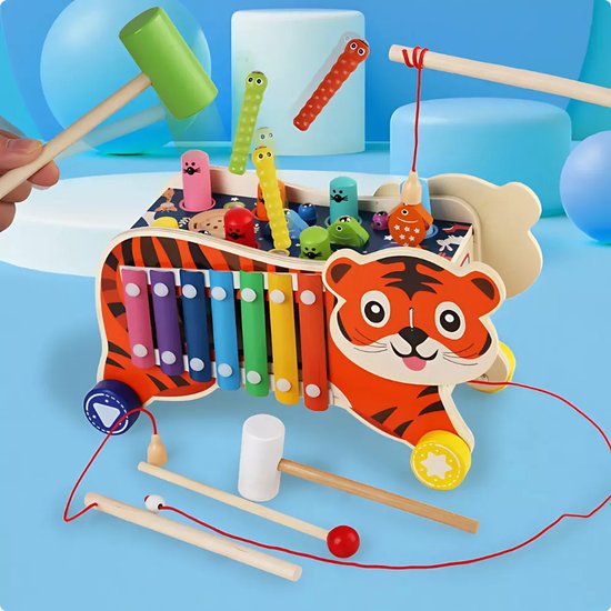 Houten Tijger Speelgoed 8-in-1 – Xylofoon, Hamertje Tik & Trekspeelgoed – Educatief Montessori Speelgoed – Vanaf 1 Jaar van Merkloos