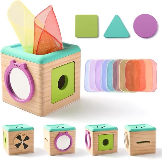 Houten tissuebox speelgoed voor baby's - Montessori tissuebox speelgoed, geschikt voor baby's vanaf 12 maanden, bevat 3 vormpjes en 8 velletjes tissuepapier, geschikt voor zowel jongens als meisjes.
