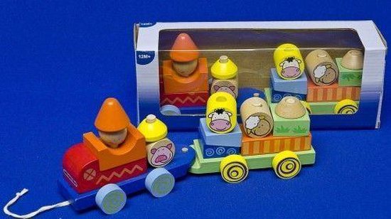 Houten Trein met dieren -locomotief met een aanhangwagen van Houten