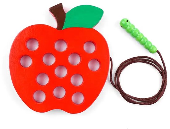 Houten veterspeelgoed appel - Vanaf 2 jaar - Educatief montessori speelgoed - Peuter speelgoed - Reisspeelgoed - Speelgoed voor onderweg van Merkloos