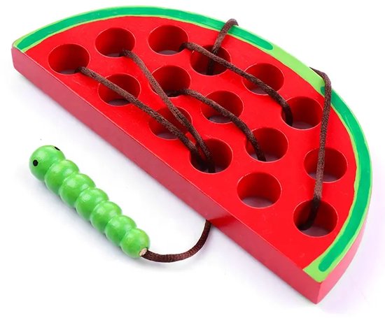 Houten veterspeelgoed meloen - Vanaf 1 jaar - Educatief montessori speelgoed - Peuter speelgoed - Reisspeelgoed - Speelgoed voor onderweg van Merkloos