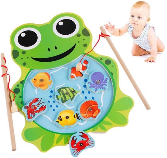 Houten Vis Speelgoed, Magnetisch Visspel, Magnetische Spellen Leerspeelgoed met 2 Vishengels Herken Zeeleven Montessori Speelgoed voor Peuters, Jongens en Meisjes Verjaardag (Kikker) van Merkloos