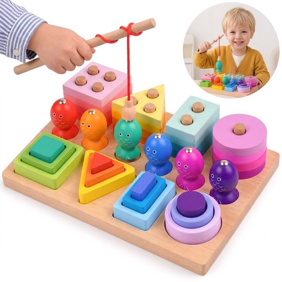 Houten Visset - Montessori Speelgoed 3-in-1 - Magnetisch, Vormen Sorteren en Stapelen - Educatief Peuterspeelgoed van mebsly