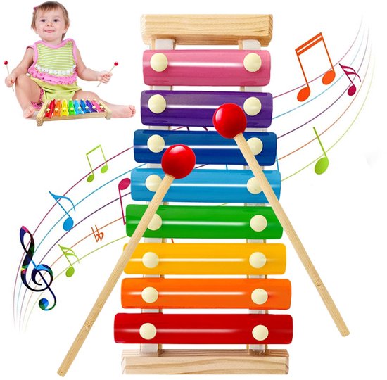 Houten xylofoon voor kinderen - Speelgoedxylofoon voor peuters - met 2 kindveilige hamertjes - Muziekinstrument met 8 diatonische toetsen - Educatief speelgoed en cadeaus voor kleuters van Merkloos