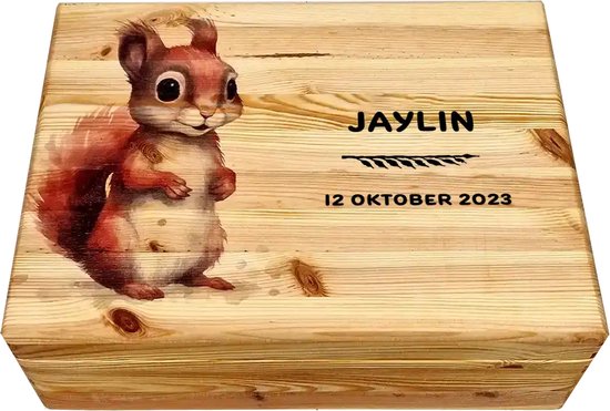 HoutenFrits - Herinneringskist - Geboortekist - met Eekhoorn - Personaliseerbaar met Baby Naam van HoutenFrits