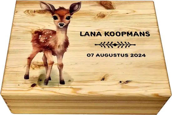 HoutenFrits - Herinneringskist - Geboortekist - met Hertje - Personaliseerbaar met Baby Naam van HoutenFrits