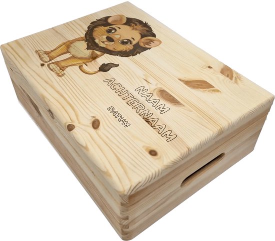 HoutenFrits - Memorybox - Geboortekist - Leeuw - Personaliseerbaar met Baby Naam van HoutenFrits