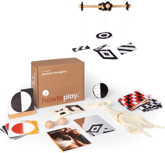 Howtoplay Speelgoedbox 0 - 4 maanden - Newborn Navigator - Educatief Speelgoed - Baby Speelgoed - zwart-wit speelgoed - van de makers van How2talk2kids & Howtotalk - Playbox - het juiste speelgoed op het juiste moment van Howtoplay