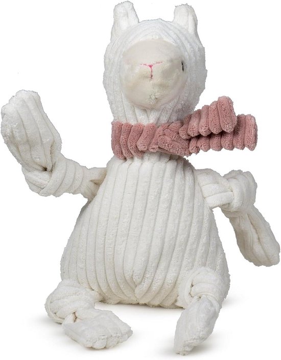 HuggleHounds Knotties pluche hondenspeelgoed – Squishy interactief hond trekspeelgoed voor huisdier kauwen, halen, vangen en dragen – Corduroy duurzaam piepend hond – Lama, groot