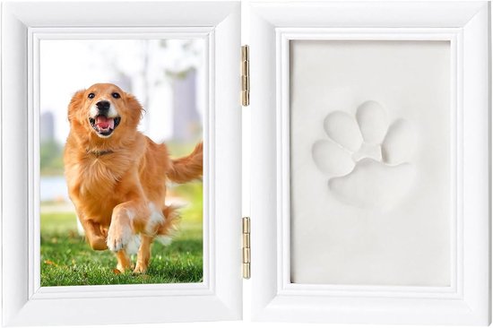 Huisdier Poetafdruk Fotokader - Dubbel Vouwbaar Lijst - 23×15cm - voor Hond & Kat, Inclusief Klei voor Pootafdruk, Herdenkingscadeau voor Huisdieren - wit