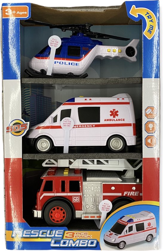 Hulpverlening Rescue auto set brandweer ambulance en brandweer -3 stuks! Met geluid! van Merkloos