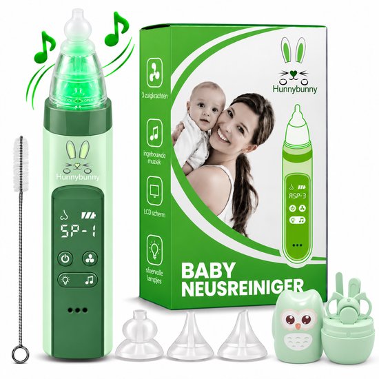 Hunnybunny - Elektrische Neusreiniger Baby - 3 Krachtige Zuigstanden - Gekleurde Verlichting - Inclusief 4-delig Verzorgingssetje