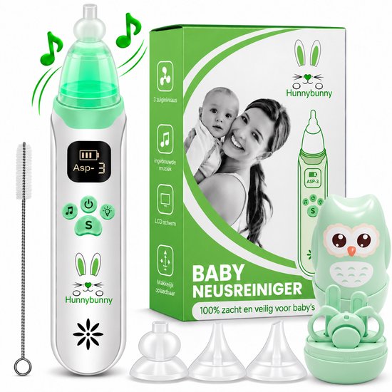 Hunnybunny - Elektrische Neusreiniger Baby - 3 Zuigstanden - 8 Muziekjes - Inclusief 4-delig Verzorgingssetje