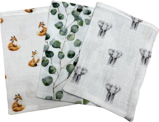 hydrofiel washandjes set van 3 olifant vos groen takje van Merkloos