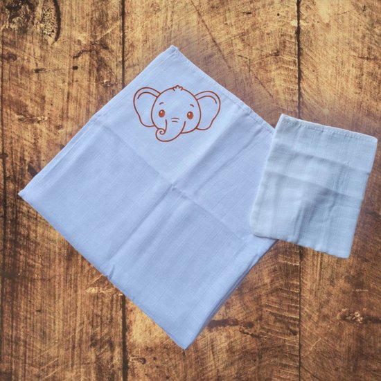 Hydrofieldoek - opdruk - 70 x 70 - washand 20 x 17 - opdruk olifant terra - kraamgeschenk van Hydrofiel