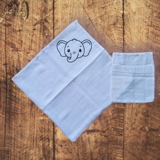 Hydrofieldoek - opdruk - 70 x 70 - washand 20 x 17 - opdruk olifant zwart - kraamgeschenk van Funnies.