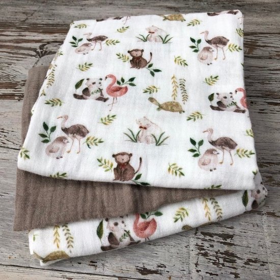 Hydrofieldoeken - set - dieren - taupe - 60x60cm - 3 stuks van Jollein