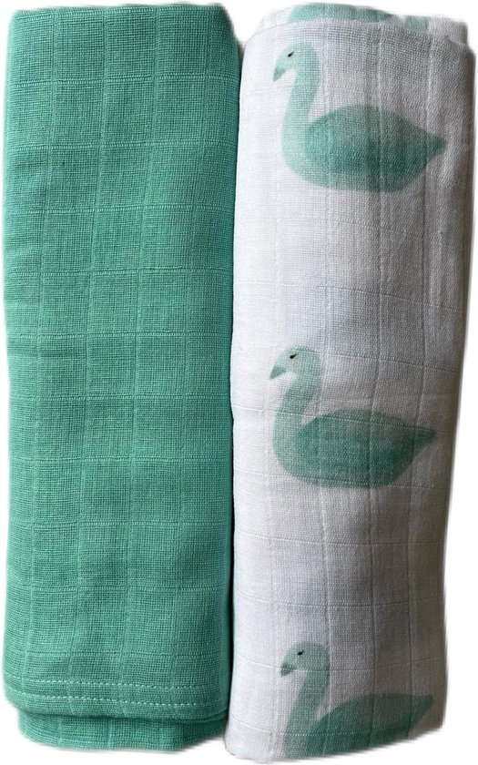 Hydrofiele doek 120x120cm -bakerdoek -wikkeldoek-2 stuks- print zwaantje-effen-lichtgroen van Hydrofiel