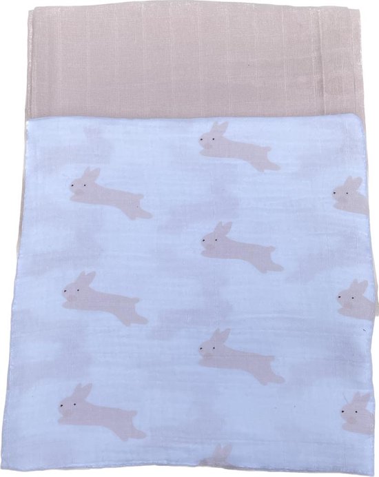 Hydrofiele doek 120x120cm-bakerdoek -wikkeldoek-2stuks-print konijn-effen-roze van Hydrofiel
