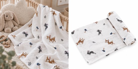 Hydrofiele Doek XL 120x120 cm – Inbakerdoek & Swaddle – Hydrofiel Katoen – Bosdieren Print – Multifunctionele Babydoek – Kraamcadeau