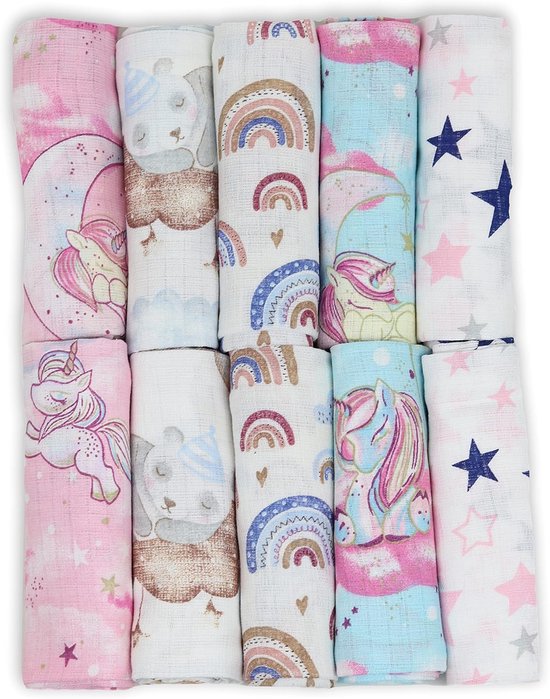 Hydrofiele Doeken - Hydrofiele Luiers - 70 x 80 cm - 10 pack-Girl2 - Roze- Grijs - Meisje - Standard 100 by Oeko-tex® - Fensilo van Merkloos