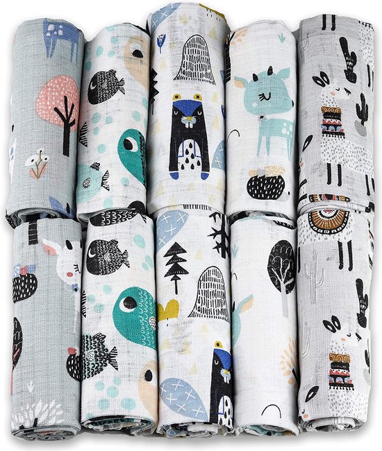 Hydrofiele Doeken - Hydrofiele Luiers - 70 x 80 cm - 10 pack - Grijs - Unisex- Dieren - Standard 100 by Oeko-tex® van Boogybaby