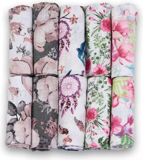 Hydrofiele Doeken - Hydrofiele Luiers - 70 x 80 cm - 10 pack - Roze- Bloemen - Meisje - Standard 100 by Oeko-tex® - Fensilo van Fensilo