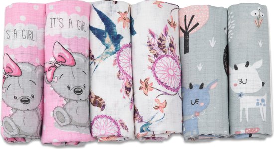 Hydrofiele Doeken - Hydrofiele Luiers - 70 x 80 cm - 6 pack - Roze- Grijs - Meisje - Standard 100 by Oeko-tex® - Fensilo van Merkloos