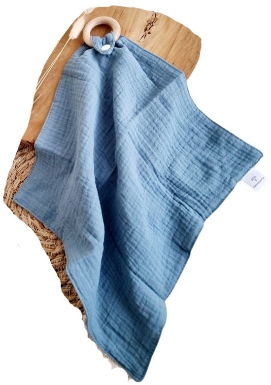 Hydrofiele Knuffeldoek Grijsblauw met Beukenhouten Bijtring – Zacht en Veilig voor Baby’s van Monkymoon