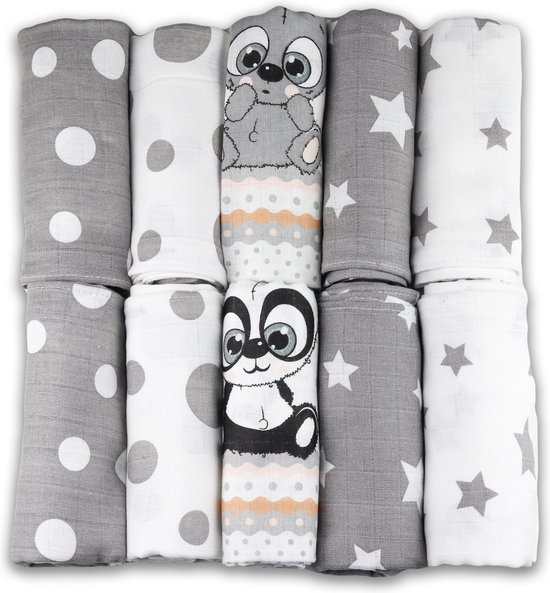 Hydrofiele Luiers - Hydrofiele Doeken - 70 x 80 cm - 10 pack – Grijs – Sterren - EU gefabriceerd – FENSILO hydrofiele doeken van Hydrofiel