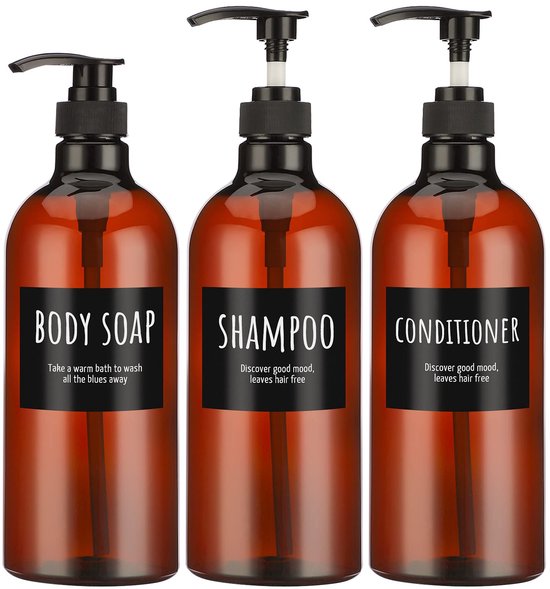 Ibenzoa® Elegante Bruine Kunststof Dispenserflessen Set van 3 met Pomp voor Zeep en Shampoo, 1000 ml Capaciteit,zeepbakje van Ibenzoa
