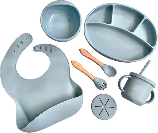 Igoods Babyservies - Kinderservies - Met Placemat - Siliconen - Antislip - 10-delig - Onbreekbaar - Vaatwasserbestendig - Magnetronbestendig - Vriesbestendig - Blauw van Igoods