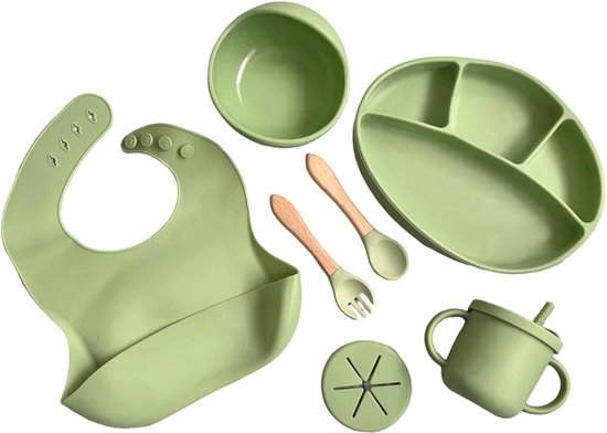 Igoods Babyservies - Kinderservies - Met Placemat - Siliconen - Antislip - 10-delig - Onbreekbaar - Vaatwasserbestendig - Magnetronbestendig - Vriesbestendig - Groen van Igoods