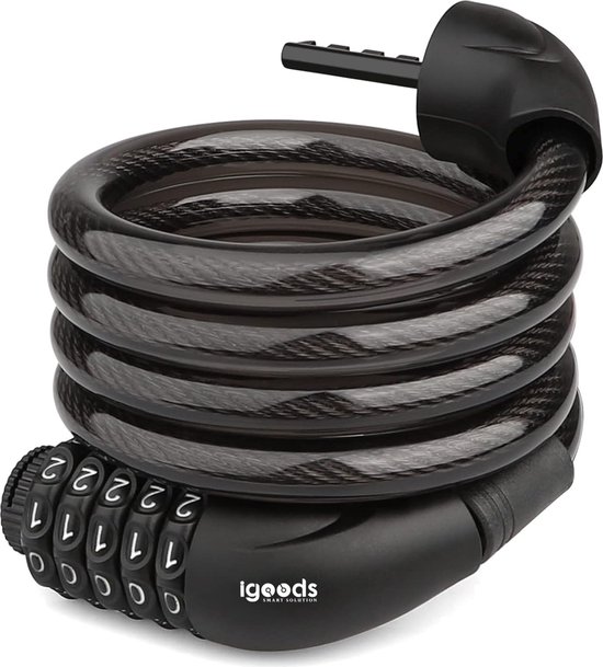 Igoods - Universeel Cijferslot - Fietsslot - Scooterslot - Kabelslot - Codeslot - 5 Cijfers - 1.20m - Zwart van Igoods