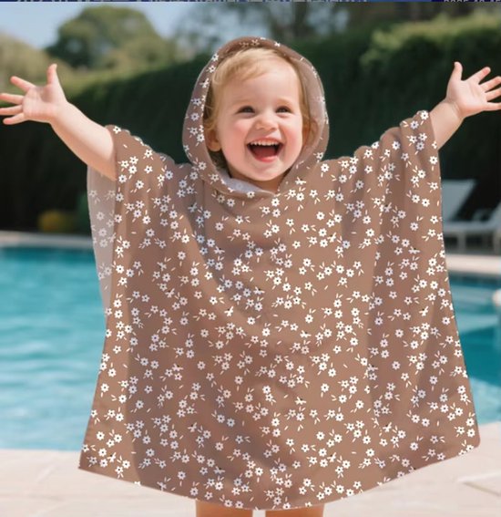 Il Bambini - Badcape Baby - Badcape - Baby Badjas - Omslagdoek - Omslagdoek - Baby Handdoek Met Capuchon - Strandhanddoek - Badponcho - Poncho Handdoek - Microfiber - 60 x 60cm - bruin met bloemen van Merkloos