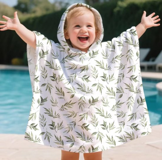 Il Bambini - Badcape Baby - Badcape - Baby Badjas - Omslagdoek - Omslagdoek - Baby Handdoek Met Capuchon - Strandhanddoek - Badponcho - Poncho Handdoek - Microfiber - 60 x 60cm - wit met groene blaadjes van Merkloos