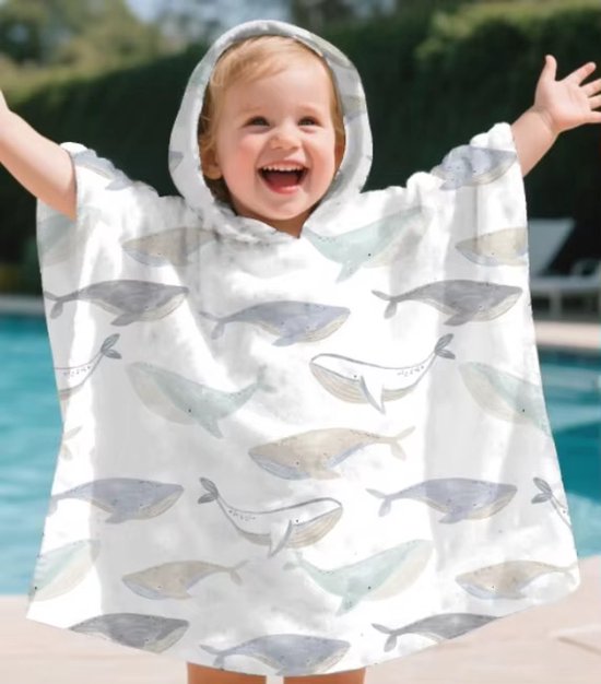 Il Bambini - Badcape Baby - Badcape - Baby Badjas - Omslagdoek - Omslagdoek - Baby Handdoek Met Capuchon - Strandhanddoek - Badponcho - Poncho Handdoek - Microfiber - 60 x 60cm - wit met walvissen