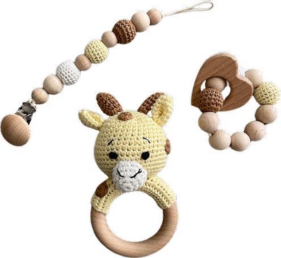 IL BAMBINI set: Rammelaar, Bijtring & Speenkoord - Gele giraffe - Handgemaakt - Hout & Wol - Babycadeau - Kraamcadeau - Baby bijtspeelgoed 0-2 jaar van IL BAMBINI