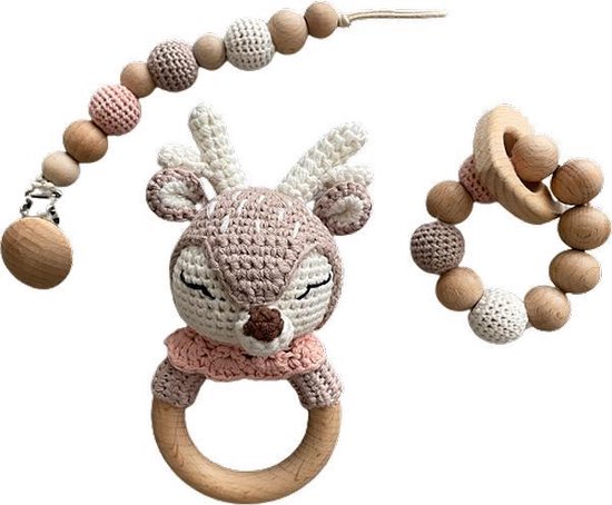 IL BAMBINI set: Rammelaar, Bijtring & Speenkoord - Hert voor meisje - Handgemaakt - Hout & Wol - Babycadeau - Kraamcadeau - Baby bijtspeelgoed 0-2 jaar van IL BAMBINI