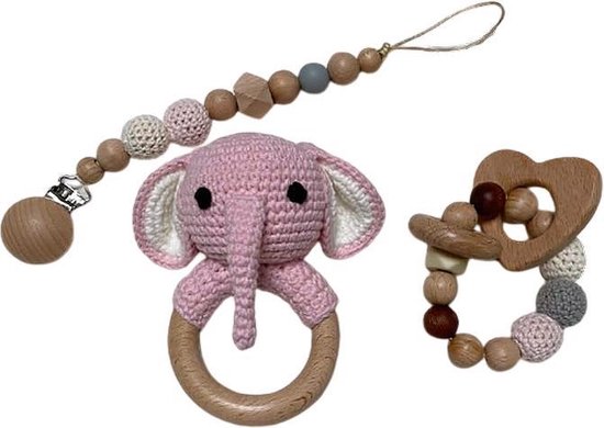 IL BAMBINI Set: Rammelaar, Bijtring & Speenkoord - Roze Olifant - Handgemaakt - Hout & Wol - Babycadeau - Kraamcadeau - Baby bijtspeelgoed 0-2 jaar van IL BAMBINI