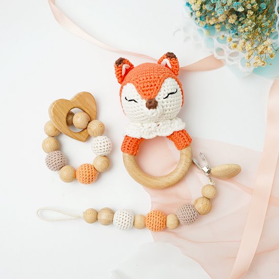 IL BAMBINI set: Rammelaar, Bijtring & Speenkoord - Vos - Handgemaakt - Hout & Wol - Babycadeau - Kraamcadeau - Baby bijtspeelgoed 0-2 jaar van IL BAMBINI