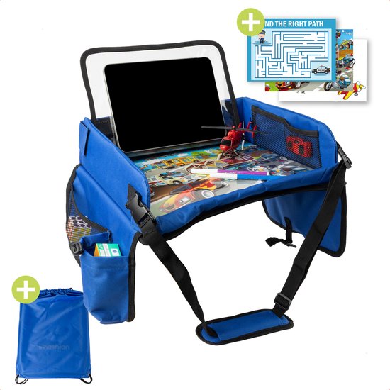 imoshion Reistafel voor kinderen - Tekentafel met Tablethouder inclusief 2 kleurplaten - Auto organizer met 7 opbergvakken - Opvouwbaar - Blauw van iMoshion